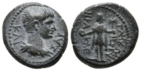 CARIA. Heraclea Salbace. Nero (54-68). Ae. Glykon, priest.
Obv: KAIΣΑΡ.
Bareheaded and draped bust right.
Rev: ΓΛVKΩN IEPEVΣ / HPAKΛEΩTΩN.
Goddess sta...