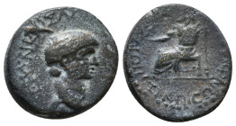 PHRYGIA. Sebaste. Nero (54-68). Ae. Ti Zenodotos, magistrate.
Obv: NEPΩN KAIΣAP.
Bare head right.
Rev: TI ZHNOΔOTOΣ ΣEBAΣTHNΩΝ.
Zeus seated left, hold...