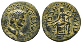 PHRYGIA. Prymnessus. Titus (79-81). Ae.
Obv: TI AYTOKPATOPA KAICAP.
Laureate head right.
Rev: ΠPYMNHCЄIC.
Dikaiosyne seated left on throne, holding sc...