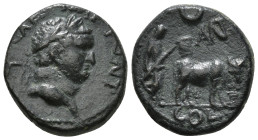 PISIDIA. Antioch. Titus (Caesar, 69-79). Ae
Obv: T CAES IMP PONT. Laureate head right. Rev: ANT / COL. Founder plowing right, with yoke of oxen; cresc...