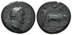 PISIDIA. Antioch. Titus (Caesar, 69-79). Ae 
Obv: T CAES IMP PONT. Laureate head right. Rev: ANT / COL. Founder plowing right, with yoke of oxen; cres...
