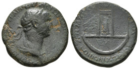 CYPRUS, Koinon of Cyprus. Trajan. AD 98-117. Æ Dupondius. Struck AD 114-6. Laureate and draped bust right, seen from behind / Temple of Aphrodite at P...