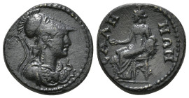 PHRYGIA. Sala. Pseudo-autonomous. Time of Marcus Aurelius (161-180). Ae.
Obv: Helmeted head of Athena right, wearing aegis.
Rev: CAΛΗΝΩΝ.
Kybele seate...