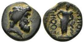 PHRYGIA. Akmoneia. Ae (1st century BC). Timotheos Menela, magistrate.
Obv: Head of Zeus right, wearing oak wreath.
Rev: AKMONE TIMOΘEOY MENEΛA.
Asklep...