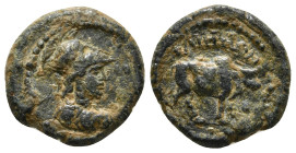 Phrygia, Alia. Pseudo-autonomous. AE. 
Obv: Helmeted bust of Athena, right, wearing aegis.
Rev: ΑΛΙΗΝΩΝ. Humped bull standing right. 3,00 g