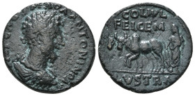 LYCAONIA, Lystra. Marcus Aurelius. AD 161-180. Æ Laureate, draped, and cuirassed bust right / Priest, holding staff, plowing with two humped-backed ox...