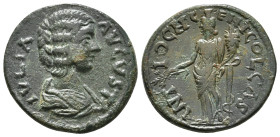 PISIDIA. Antioch. Julia Domna (Augusta, 193-217). Ae.
Obv: IVLIA AVGVSTA.
Draped bust right.
Rev: ANTIOCH GEN COL CA.
Tyche standing left, holding bra...