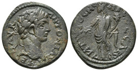 PISIDIA. Antioch. Caracalla (198-217). Ae.
Obv: IMP CAES M AVR ANTONINVS.
Laureate head right.
Rev: ANTIOCH GENI COL AS.
Tyche standing left, holding ...