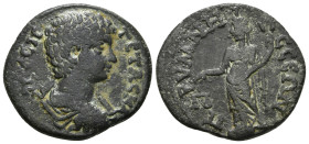 PHRYGIA. Prymnessus. Geta (Caesar, 198-209). Ae.
Obv: Π CЄΠ ΓЄTAC K.
Bareheaded, draped and cuirassed bust right.
Rev: ΠPYMNHCCЄΩN.
Dikaiosyne standin...