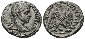 SELEUCIS & PIERIA. Seleucia Pieria. Caracalla (198-217). Tetradrachm.
Obv: AVT K M A ANTΩNЄINOC.
Laureate head right.
Rev: ΔHMAPX ЄΞ VΠA TO Δ.
Eagle, ...