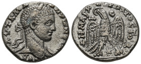 SELEUCIS & PIERIA. Seleucia Pieria. Caracalla (198-217). Tetradrachm.
Obv: AVT K M A ANTΩNЄINOC.
Laureate head right.
Rev: ΔHMAPX ЄΞ VΠA TO Δ E.
Eagle...