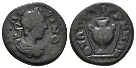 LYDIA. Thyateira. Elagabalus (218-222). Ae.
Obv: ANTΩNЄINOC.
Laureate, draped and cuirassed bust right.
Rev: ΘVΑΤЄIPHNΩN.
Amphora, containing two palm...