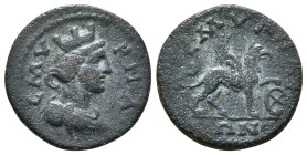 IONIA. Smyrna. Pseudo-autonomous (Late 2nd century). Ae.
Obv: CMVPNA.
Turreted bust of the amazon Smyrna right, with slight drapery and bipennis over ...