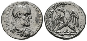 JUDAEA. Caesarea Maritima. Macrinus (217-218). Tetradrachm.
Obv: AVT KAI M OΠ CЄO MAKPINOC.
Laureate head right.
Rev: ΔHMAPX ЄΞ VΠATOC Π Π.
Eagle stan...