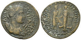 PHRYGIA. Hierapolis. Valerian I (253-260). Ae. Homonoia issue with Ephesus
Obv: AV KЄ ΠOY ΛIK OVAΛЄΡIANOC. Laureate and cuirassed bust right with aegi...