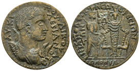 PHRYGIA. Hierapolis. Valerian I (253-260). Ae. Homonoia issue with Ephesus
Obv: AV KЄ ΠOY ΛIK OVAΛЄΡIANOC. Laureate and cuirassed bust right with aegi...