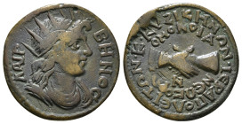 Phrygia. Hierapolis . Pseudo-autonomous issue circa AD 244-249. Time of Philip I Arab. Homonoia-issue with Kyzikos Æ
ΛAIP-BHNOC, radiate bust of Apoll...