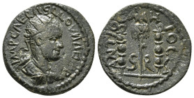 PISIDIA. Antioch. Valerian I, 253-260. Ae. Radiate, draped and cuirassed bust of Valerian I, right. Rev. ANTIOCHO CL around, SR in exergue. Vexillum s...