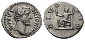 DIVUS ANTONINUS PIUS (Died 161). Denarius. Rome. Struck under Marcus Aurelius.
Obv: DIVVS ANTONINVS.
Bare head right.
Rev: DIVO PIO.
Divus Antoninus P...