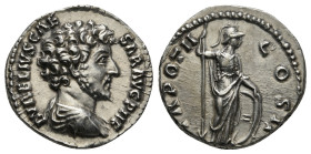 MARCUS AURELIUS (Caesar, 139-161). Denarius. Rome.
Obv: AVRELIVS CAESAR AVG PII F.
Bare head right.
Rev: TR POT II COS II.
Minerva standing right, hol...