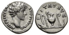 MARCUS AURELIUS (Caesar, 139-161). Denarius. Rome.
Obv: AVRELIVS CAESAR AVG PII F COS.
Bare head right.
Rev: PIETAS AVG.
Emblems of the augurate and p...