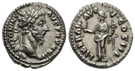 MARCUS AURELIUS (161-180). Denarius. Rome.
Obv: M ANTONINVS AVG TR P XXIII.
Laureate head right.
Rev: LIBERAL AVG V COS III.
Liberalitas standing left...