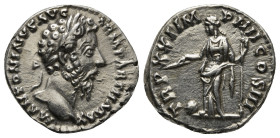 MARCUS AURELIUS (161-180). Denarius. Rome.
Obv: M ANTONINVS AVG ARM PARTH MAX.
Laureate head right.
Rev: TR P XXII IMP IIII COS III.
Providentia stand...