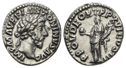 MARCUS AURELIUS (161-180). Denarius. Rome.
Obv: IMP M AVREL ANTONINVS AVG.
Laureate head right.
Rev: PROV DEOR TR P XV COS III.
Providentia standing l...