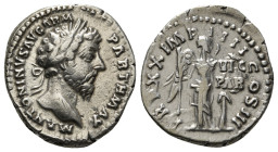 MARCUS AURELIUS (161-180). Denarius. Rome.
Obv: M ANTONINVS AVG ARM PARTH MAX.
Laureate head right.
Rev: TR P XX IMP IIII COS III.
Victory standing fa...