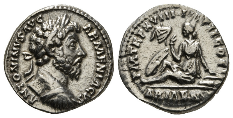 MARCUS AURELIUS (161-180). Denarius. Rome.
Obv: ANTONINVS AVG ARMENIACVS.
Laurea...
