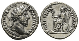 MARCUS AURELIUS (161-180). Denarius. Rome.
Obv: M ANTONINVS AVG ARMENIACVS.
Laureate head right.
Rev: P M TR P XIX IMP III COS III.
Roma seated left o...