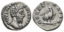 DIVUS MARCUS AURELIUS (Died 180). Denarius. Rome.
Obv: DIVVS M ANTONINVS PIVS.
Bare head right.
Rev: CONSECRATIO.
Eagle standing right on bar, head le...