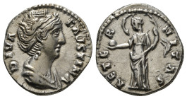DIVA FAUSTINA I (Died 140/1). Denarius. Rome.
Obv: DIVA FAVSTINA.
Draped bust right.
Rev: AETERNITAS.
Aeternitas (or Providentia) standing left, holdi...