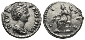 DIVA FAUSTINA I (Died 140/1). Denarius. Rome.
Obv: DIVA FAVSTINA.
Draped bust right.
Rev: CERES.
Ceres, veiled, seated left, holding two grain ears an...