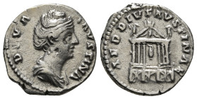 DIVA FAUSTINA I (Died 140/1). Denarius. Rome.
Obv: DIVA FAVSTINA.
Draped bust right.
Rev: AED DIV FAVSTINAE.
Hexastyle temple containing seated figure...