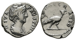 DIVA FAUSTINA I (Died 140/1). Denarius. Rome. Struck under Antoninus Pius.
Obv: DIVA FAVSTINA.
Draped bust right.
Rev: CONSECRATIO.
Peacock standing r...