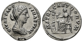DIVA FAUSTINA II (Died 176). Denarius. Rome.
Obv: DIVAE FAVSTINAE PIAE.
Veiled and draped bust right.
Rev: MATRI CASTRORVM.
Faustina seated left on th...