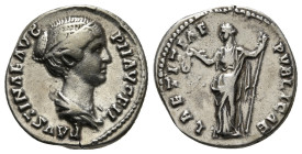 FAUSTINA II (Augusta, 147-175/6). Denarius. Rome.
Obv: FAVSTINAE AVG PII AVG FIL.
Draped bust right.
Rev: LAETITIAE PVBLICAE.
Laetitia standing left, ...