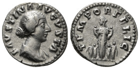 FAUSTINA II (Augusta, 147-176). Denarius. Rome.
Obv: FAVSTINA AVGVSTA.
Draped bust right.
Rev: TEMPOR FELIC.
Fecunditas standing left, holding child o...