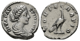 DIVA FAUSTINA II (Died 175/6). Denarius. Rome.
Obv: DIVA FAVSTINA PIA.
Draped bust right.
Rev: CONSECRATIO.
Peacock advancing right. 3,37 g