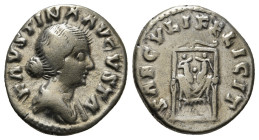 FAUSTINA II (Augusta, 147-175). Denarius. Rome.
Obv: FAVSTINA AVGVSTA.
Diademed and draped bust right.
Rev: SAECVLI FELICIT.
Draped and ornamented thr...
