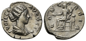 LUCILLA (Augusta, 164-182). Denarius. Rome.
Obv: LVCILLA AVGVSTA.
Draped bust right.
Rev: CONCORDIA.
Concordia seated left on throne, holding patera a...
