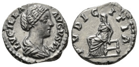 LUCILLA (Augusta, 164-182). Denarius. Rome.
Obv: LVCILLA AVGVSTA.
Draped bust right.
Rev: PVDICITIA.
Pudicitia seated left, hand on chest. 3,32 g