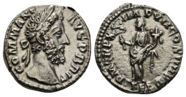 COMMODUS (177-192). Denarius. Rome.
Obv: COMMODVS ANTON AVG PIVS.
Laureate head right.
Rev: TR P VIII IMP VI COS IIII P P.
Felicitas standing left, ho...