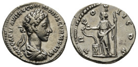 Commodus, as Caesar, 166-177. Denarius, Rome, 177. IMP CAES L AVREL COMMODVS GERM SARM Laureate head of Commodus to right. Rev. TR POT II COS Salus st...