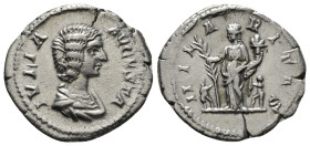 Julia Domna AR Denarius. Rome, AD 207-211. IVLIA AVGVSTA, draped bust right / HILARITAS, Hilaritas standing left with palm and cornucopiae, children t...