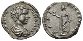 Caracalla. As Caesar, AD 196-198. AR Denarius. Rome mint. Struck AD 196-197. Bareheaded and draped bust right / Spes advancing left, holding flower an...