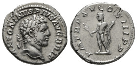 CARACALLA (198-217). Denarius. Rome.
Obv: ANTONINVS PIVS AVG GERM.
Laureate head right.
Rev: P M TR P XVI COS IIII P P.
Hercules standing left, holdin...