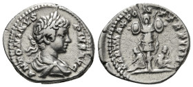 CARACALLA (198-217). Denarius. Rome.
Obv: ANTONINVS PIVS AVG.
Laureate and draped bust right.
Rev: PART MAX PONT TR P IIII.
Trophy and arms flanked by...