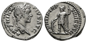 CARACALLA (197-217). Denarius. Rome.
Obv: ANTONINVS PIVS AVG.
Laureate head right.
Rev: PONTIF TR P VIIII COS II.
Mars standing left, resting on shiel...